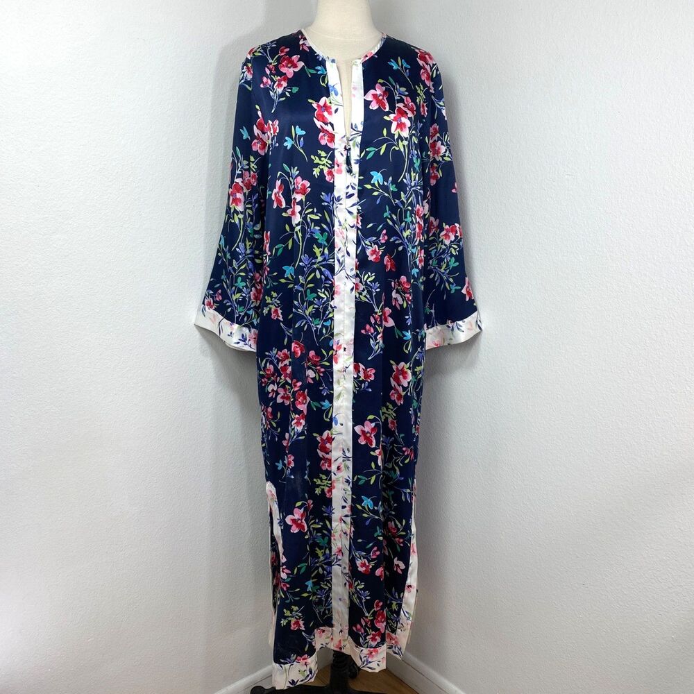 Oscar de la Renta Pink Label Maxi Floral Kaftan Satin Robe Lounge Wear L/XL